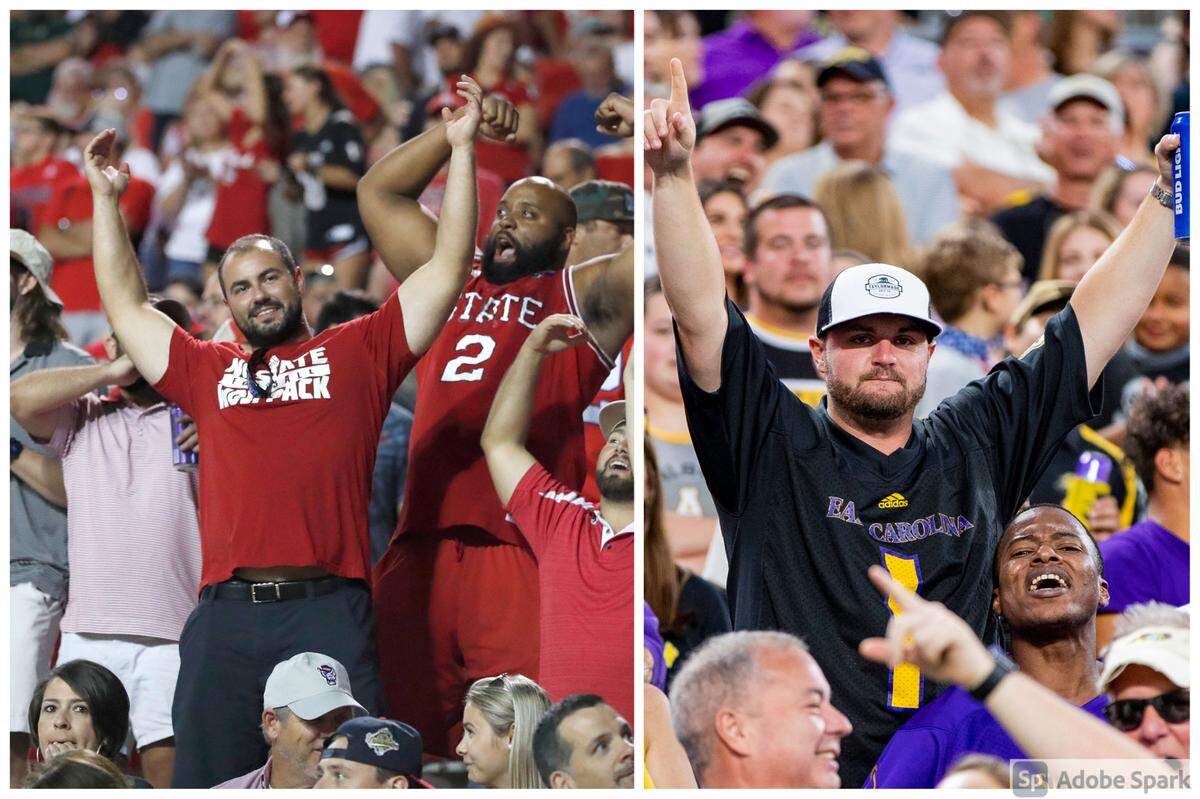 At left, NC State fans at Carter-Finley Stadium in Raleigh on Sept. 2, 2021. At right, East Carolina fans celebrate at Bank of America Stadium in Charlotte, N.C. on Sept. 2, 2021.