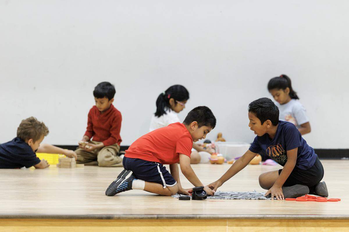 Students play games during a physical education class at Apex Friendship Elementary School on Tuesday, May 5, 2026, in Apex, N.C.