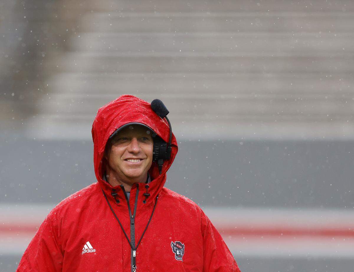 N.C. State head football coach Dave Doeren smiles during the Wolfpack’s spring game at Carter-Finley Stadium on Saturday, April 8, 2023, in Raleigh, N.C.