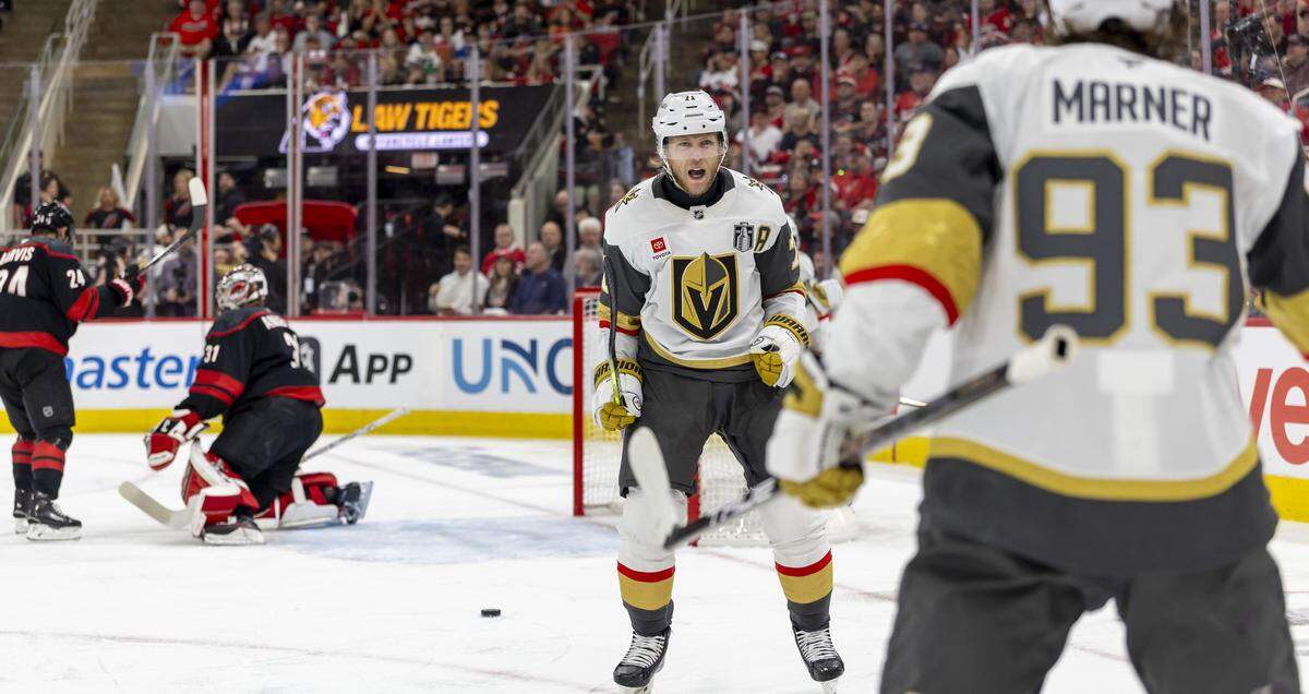 Las Vegas center William Karlsson (71) reacts after scoring to give the Knights a 3-2 lead in the second period against the Carolina Hurricanes in Game 1 of the Stanley Cup Finals, on Tuesday, June 2, 2026 at Lenovo Center in Raleigh, N.C.