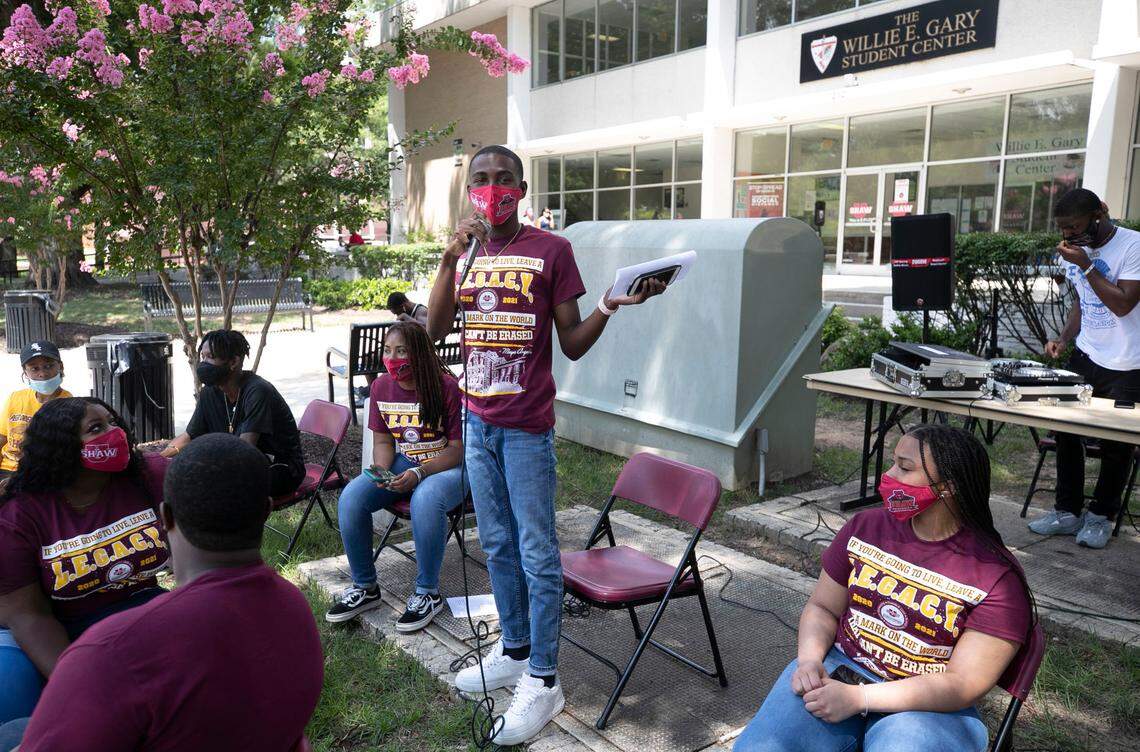 Shaw University junior Nehemiah Simeon of the Bahamas, speaks during a student forum on Tuesday, August 11, 2020 in Raleigh, N.C. Shaw will begin classes on August 12 amid the COVID-19 pandemic, with only about 50 percent of their student population on campus.