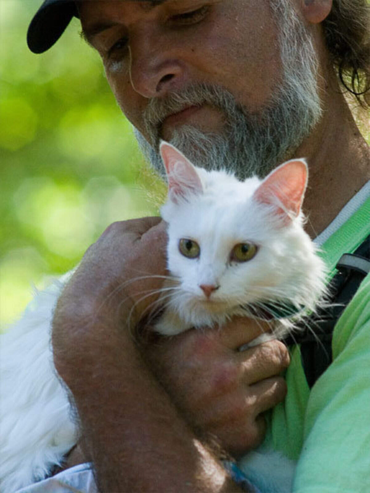 Chip Hildreth hugs a cat he saved after it spent weeks stuck in a tree.