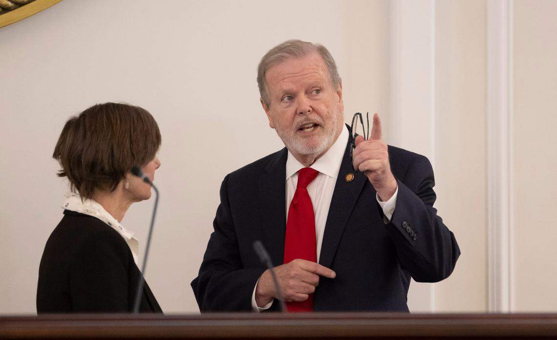 North Carolina Lt. Governor Rachel Hunt talks with Senate leader Phil Berger prior to the Senate session on Wednesday, April 16, 2025 at the General Assembly in Raleigh, N.C.