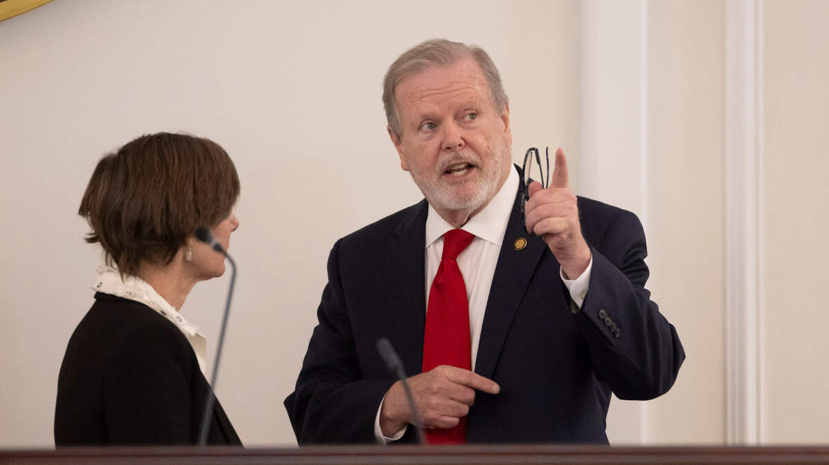 North Carolina Lt. Gov. Rachel Hunt talks with Senate leader Phil Berger prior to the Senate session on Wednesday, April 16, 2025 at the General Assembly in Raleigh, N.C.
