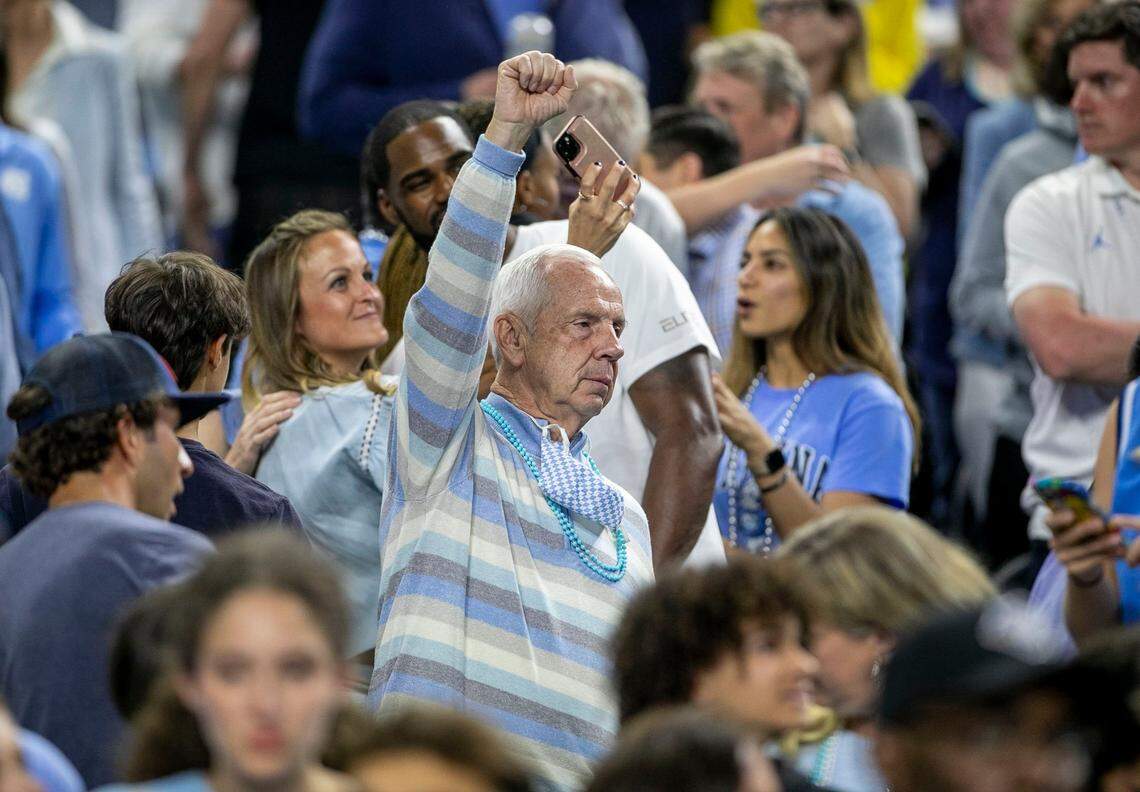 Former North Carolina coach Roy Williams reacts as the Tar Heels enter the court for their game against Duke during the NCAA Final Four semi-final on Saturday, April 2, 2022 at Caesars Superdome in New Orleans, La.