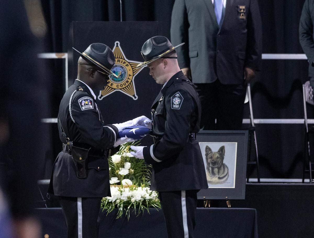 Law enforcement members prepare a flag to present to Master Deputy Maria Fuentes, handler of K9 Santos, at the conclusion of a memorial service for the Wake County sheriff’s dog at the Kerr Scott Building on Wednesday, June 14, 2023, in Raleigh, N.C. K9 Santos, a German shepherd, was accidentally shot and killed by a Knightdale police officer after a traffic stop in May.