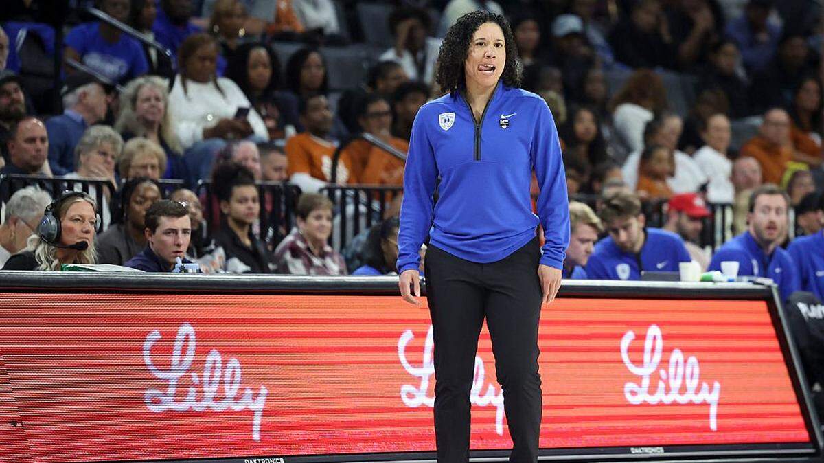 LAS VEGAS, NEVADA - NOVEMBER 24: Head coach Kara Lawson of the Duke Blue Devils watches her team play against the South Carolina Gamecocks during the second quarter of a Players Era Championship basketball tournament game at Michelob ULTRA Arena on November 26, 2025 in Las Vegas, Nevada. (Photo by Ian Maule/Getty Images)