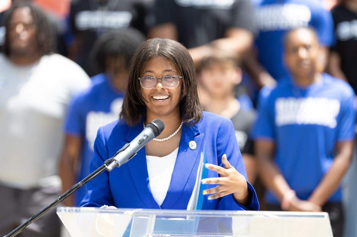 Deborah Cathcart, a sophomore at Fayetteville State University, speaks at an event announcing historic summer school enrollment and a $750,000 donation to support the initiative, Wednesday, June 19, 2024.