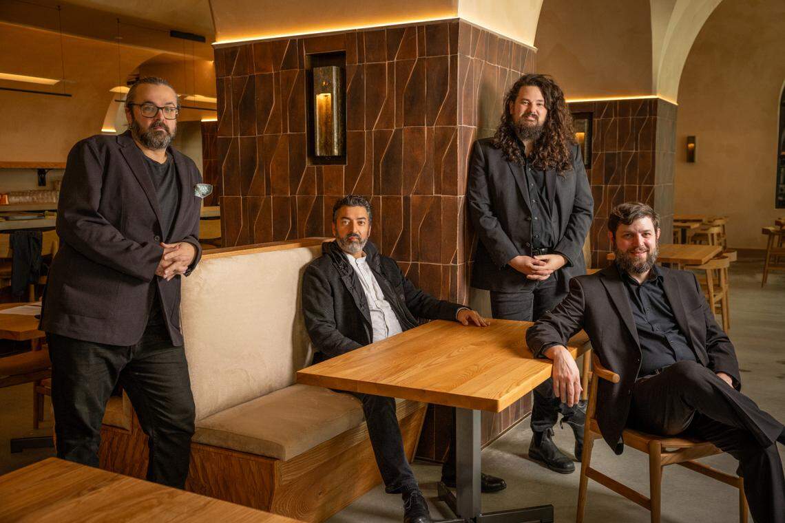 The owners of Boatman Spirits Co., from left, Aaron Lambert, formerly of Whiskey Kitchen, veterinarian George Ghneim, beverage director Zack Thomas and distiller Geremy Pritchard, a former Napa Valley winemaker.