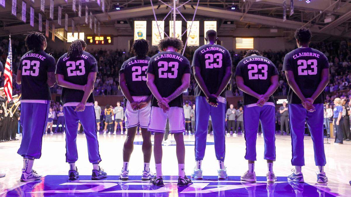 Duke players honored C.B. Claiborne wearing warm up shirts with his name and number on them before their game against California at Cameron Indoor Stadium in Durham, N.C., Wednesday, Feb. 12, 2025.