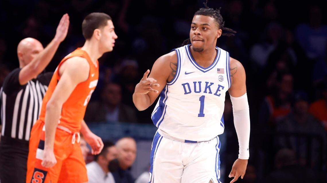 Duke’s Trevor Keels (1) celebrates hitting a three-pointer during the first half of Duke’s game against Syracuse in the quarterfinals of the ACC men’s basketball tournament at the Barclays Center in Brooklyn, N.Y., Thursday, March 10, 2022.