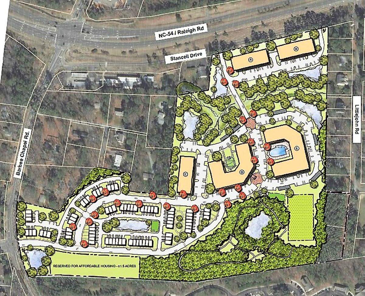 A concept plan submitted to Chapel Hill planning officials shows multiple three- and four-story buildings with 375 apartments and 75 townhouses planned for 36 acres just east of the N.C. 54 and Barbee Chapel Road intersection.