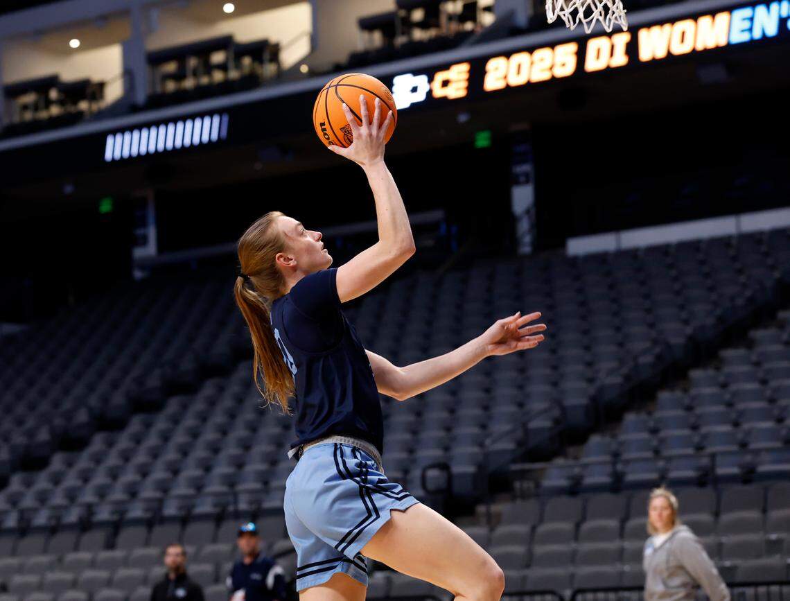 North Carolina’s Lexi Donarski runs a drill during practice at Legacy Arena on Thursday, March 27, 2025, in Birmingham, Ala. The Tar Heels will face Duke in the NCAA Tournament Sweet 16 on Friday.