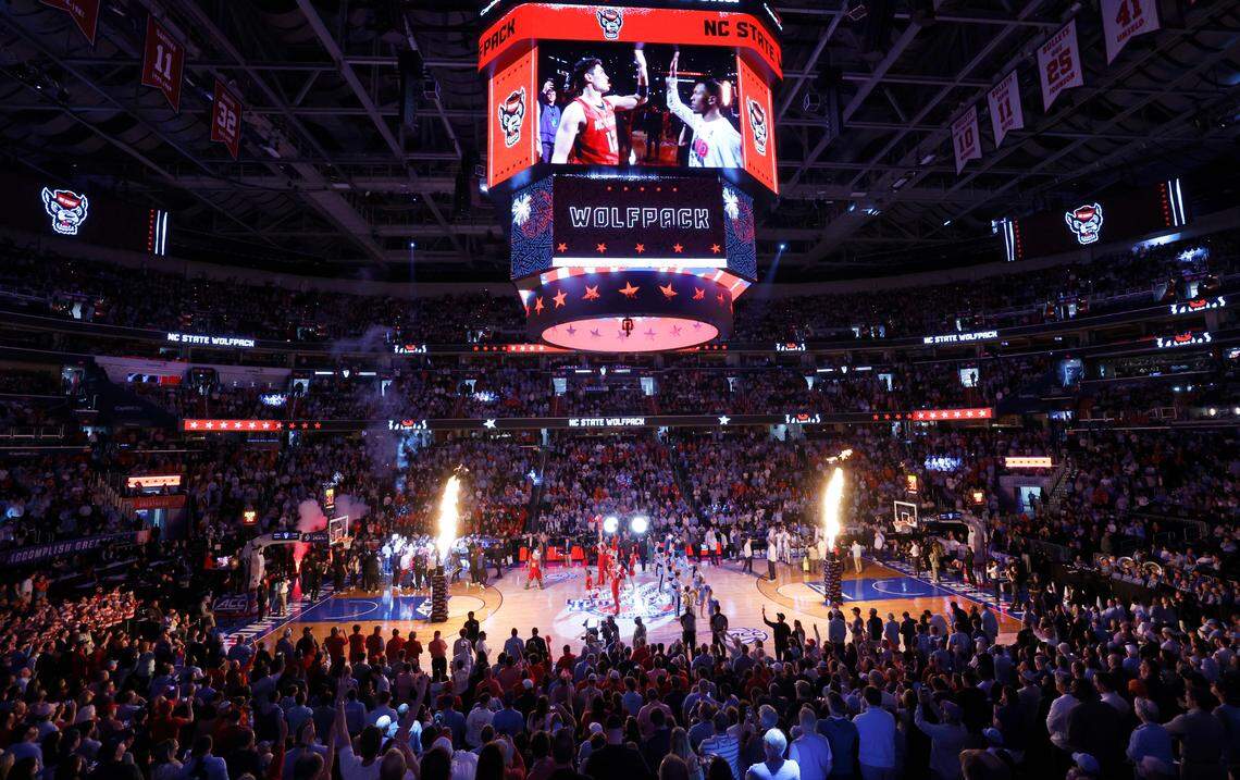 The Wolfpack are introduced before N.C. State’s game against UNC in the championship game of the 2024 ACC Men’s Basketball Tournament at Capital One Arena in Washington, D.C., Saturday, March 16, 2024.