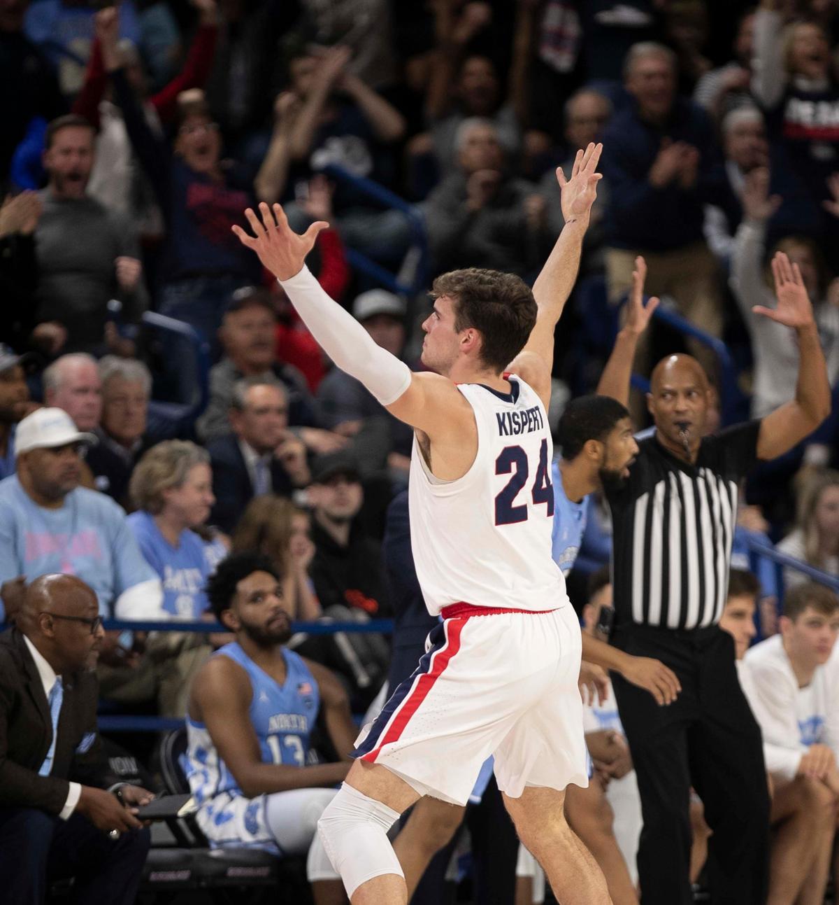 Gonzaga’s Corey Kispert (24) reacts after a three-point basket to put the Bulldogs’ up 34-23 during the first half on Wednesday, December 18, 2019 at McCarthey Athletic Center in Spokane, Washington.