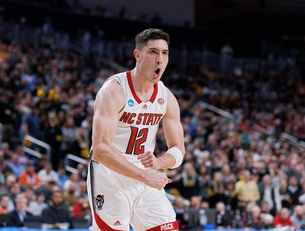 N.C. State’s Michael O’Connell reacts in the second half of the Wolfpack’s 79-73 overtime win in the second round of the NCAA Tournament on Saturday, March 23, 2024, at PPG Paints Arena in Pittsburgh, Pa.