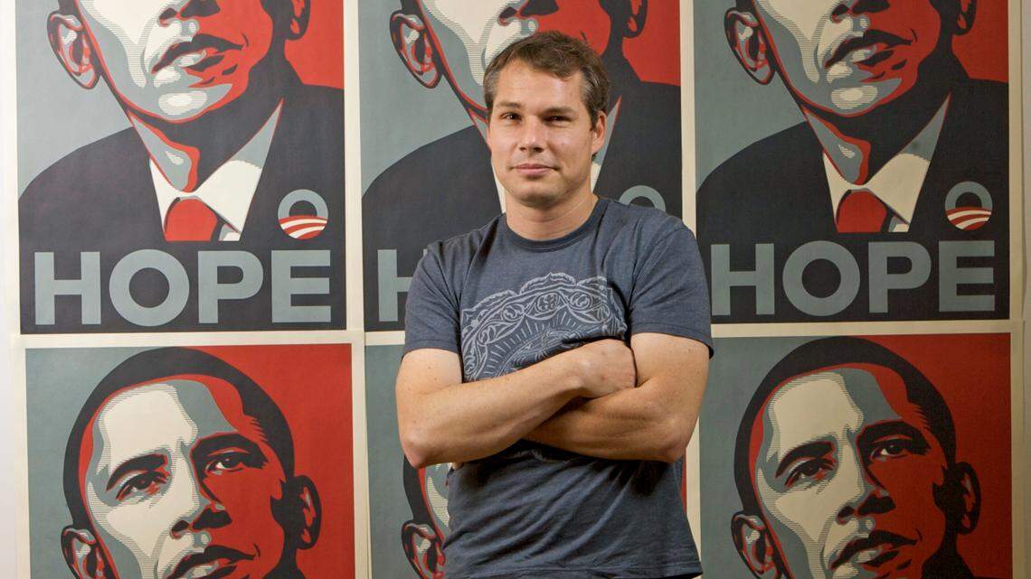 Artist Shepard Fairey poses for a picture with his Barack Obama Hope artwork in Los Angeles on Jan. 12, 2009. He’s the designer of the famous Obama campaign poster. Shepherd Fairey will be in Rock Hill in October to paint a mural in downtown.