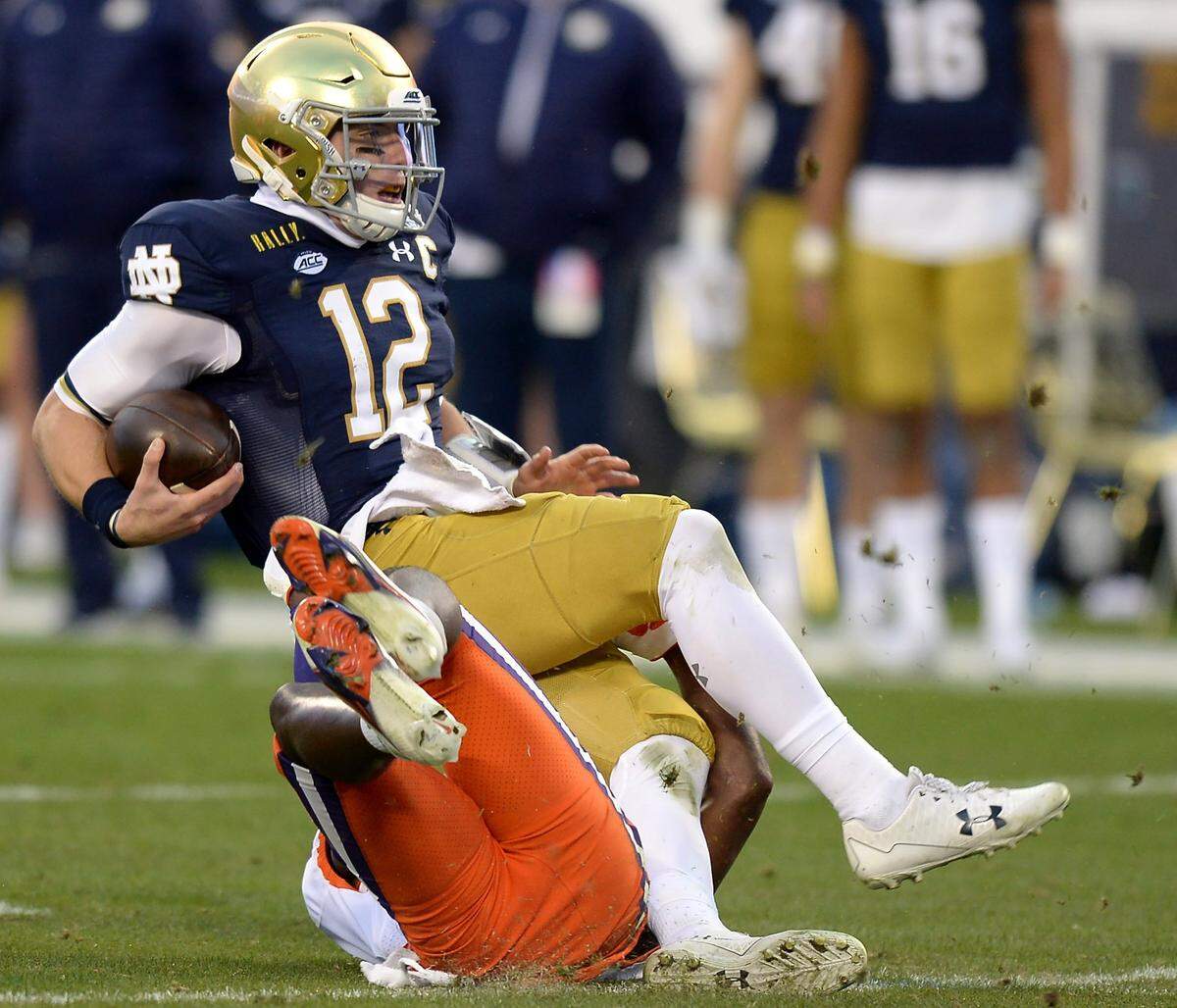 Clemson Tigers cornerback Deion Kendrick sacks Notre Dame quarterback Ian Book during second quarter action at Bank of America Stadium on Saturday, December 19, 2020 in Charlotte, NC. The Clemson Tigers and Notre Dame Fighting Irish faced off in the ACC Championship game.