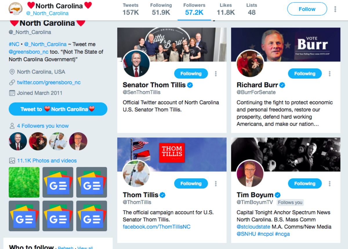 U.S. Senators Richard Burr and Thom Tillis are among many who follow a fake North Carolina account.