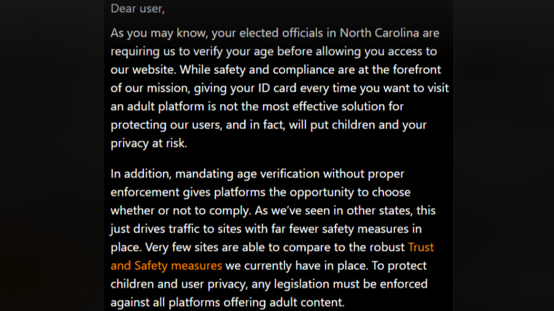 A screengrab of the message to North Carolina users on the adult website Pornhub on Dec. 28, 2023.
