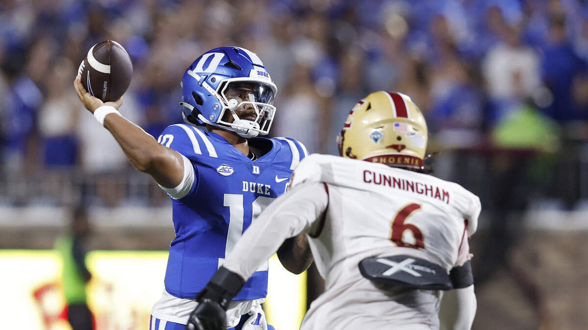 Duke quarterback Darian Mensah looks to pass during the first half of the Blue Devils’ season opener against Elon on Thursday, Aug. 28, 2025, at Wallace Wade Stadium in Durham, N.C.