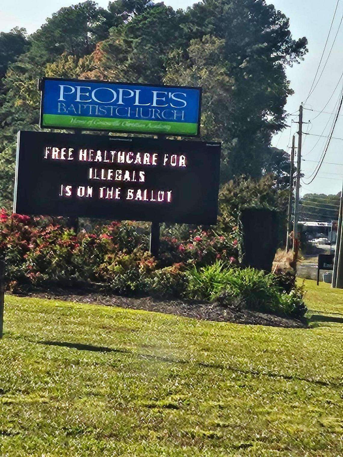 Billboard outside of the People’s Baptist Church in Greenville, North Carolina.