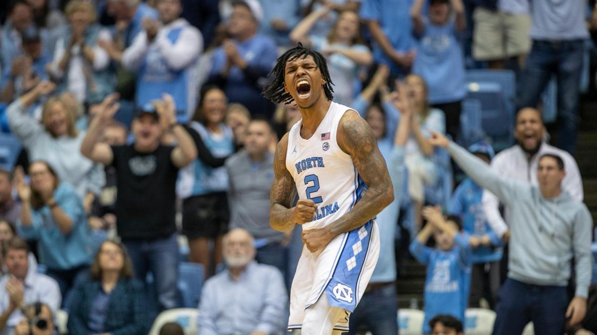 North Carolina’s Caleb Love (2) reacts after sinking a basket to give the Tar Heels’ a 75-67 lead over Wake Forest the second half on Wednesday, January 4, 2023 at the Smith Center in Chapel Hill, N.C. North Carolina defeated Wake Forest 88-79.