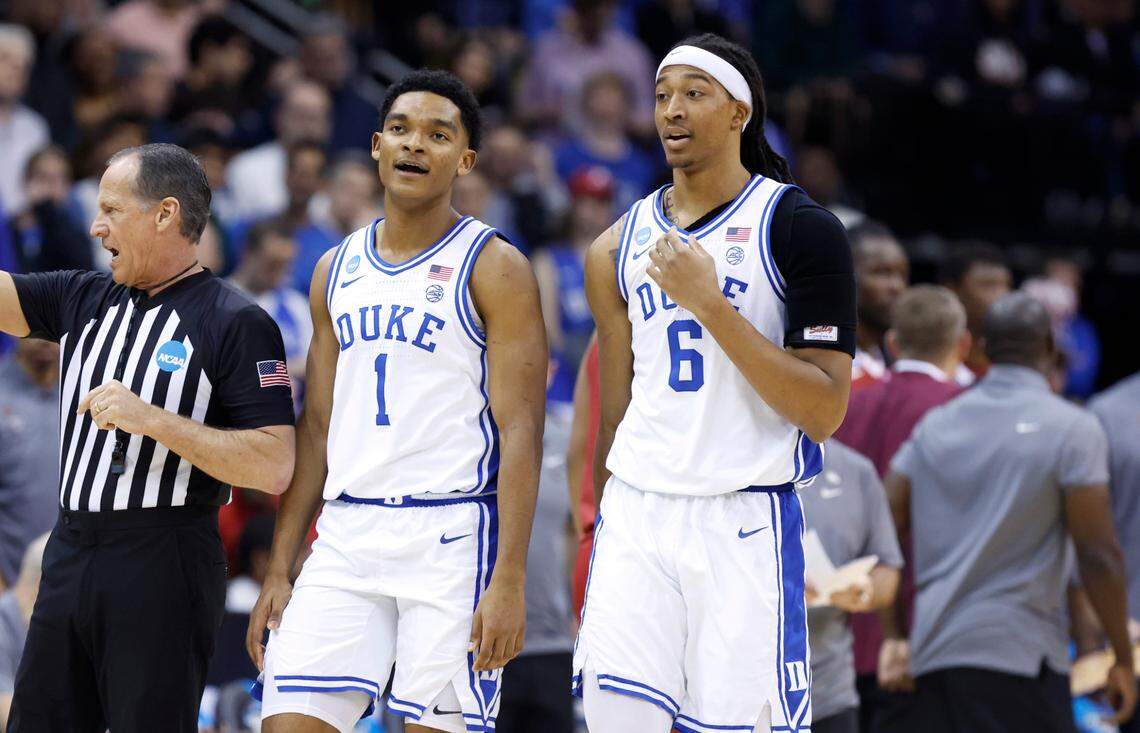 Duke’s Caleb Foster (1) talks to Maliq Brown (6) during the first half of Duke’s game against Alabama in their Elite Eight game in the 2025 NCAA Men’s Basketball Championship at the Prudential Center in Newark, N.J., Saturday, March 29, 2025.