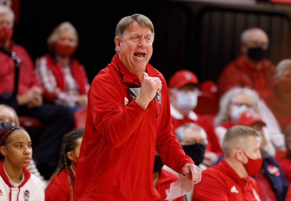 N.C. State head coach Wes Moore yells to his players during the first half of N.C. State’s game against UNC at Reynolds Coliseum in Raleigh, N.C., Thursday, January 6, 2022. He has won 222 games since 2013. At the conclusion of the 2022 season, he was named the ACC Coach of The Year. He also took the women’s team to the Elite 8 for the first time since 1998.