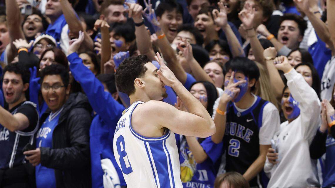Duke’s Darren Harris (8) celebrates making a three-pointer during the first half of Duke’s game against Virginia at Cameron Indoor Stadium in Durham, N.C., Saturday, Feb. 28, 2026.