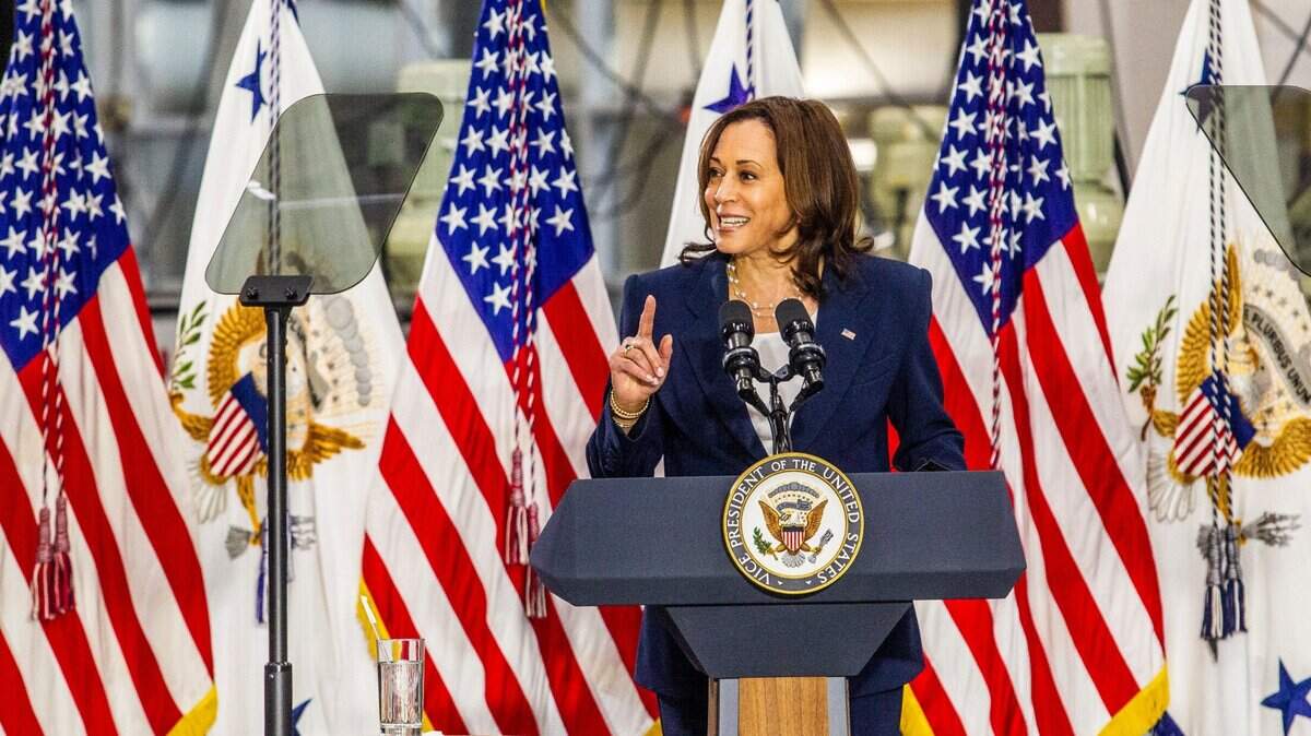 Vice President Kamala Harris pitches the Biden administrationÕs infrastructure plan Monday, April 19, 2021 at Guilford Technical Community College in Jamestown, NC.