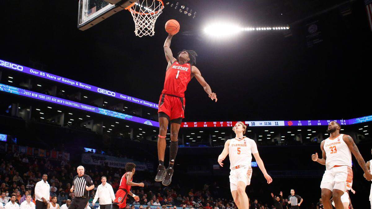 N.C. State’s Dereon Seabron (1) heads to slam in two during Clemson’s 70-64 victory over N.C. State in the first round of the ACC men’s basketball tournament at the Barclays Center in Brooklyn, N.Y., Tuesday, March 8, 2022.