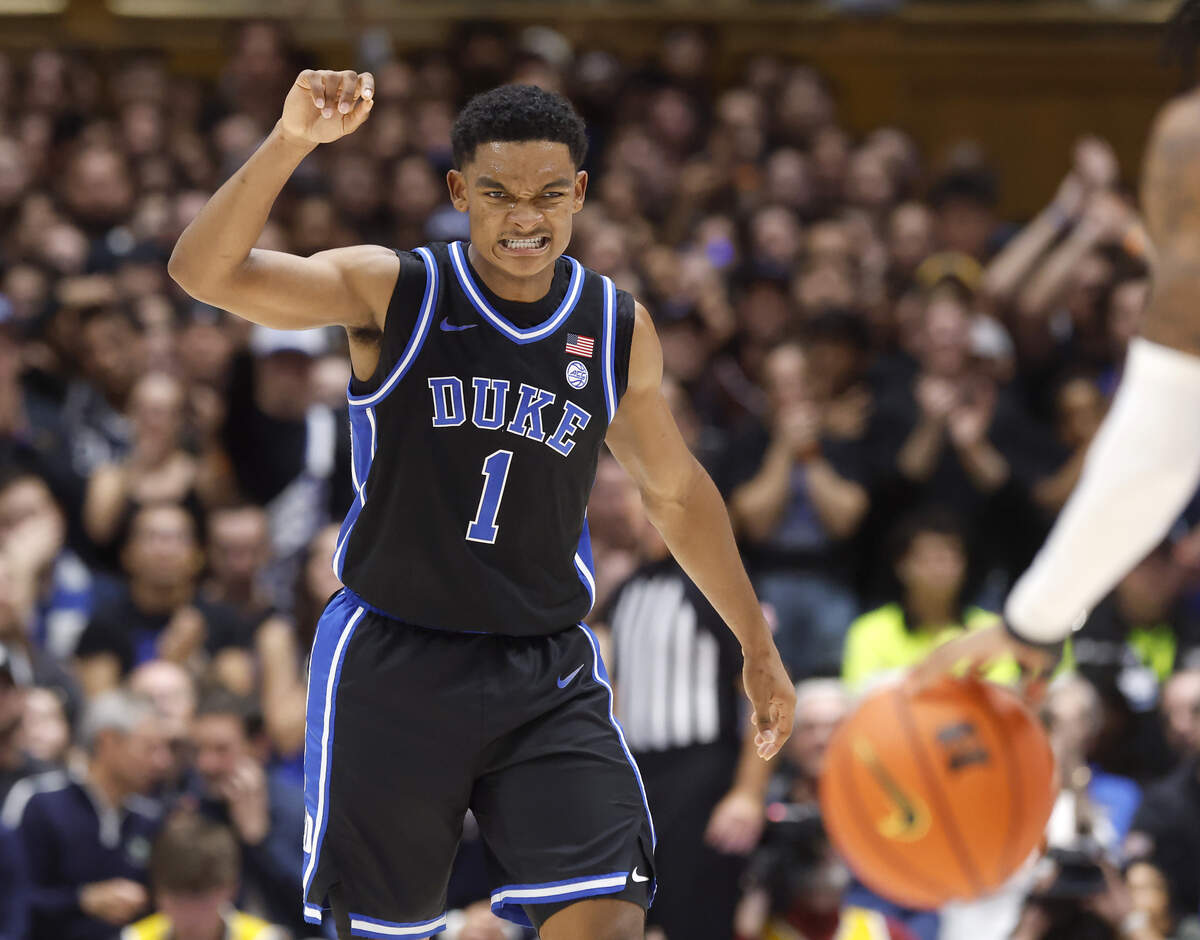 Duke’s Caleb Foster reacts on defense during the first half of the Blue Devils’ game against Florida in the ACC/SEC Challenge on Tuesday, Dec. 2, 2025 at Cameron Indoor Stadium in Durham, N.C.