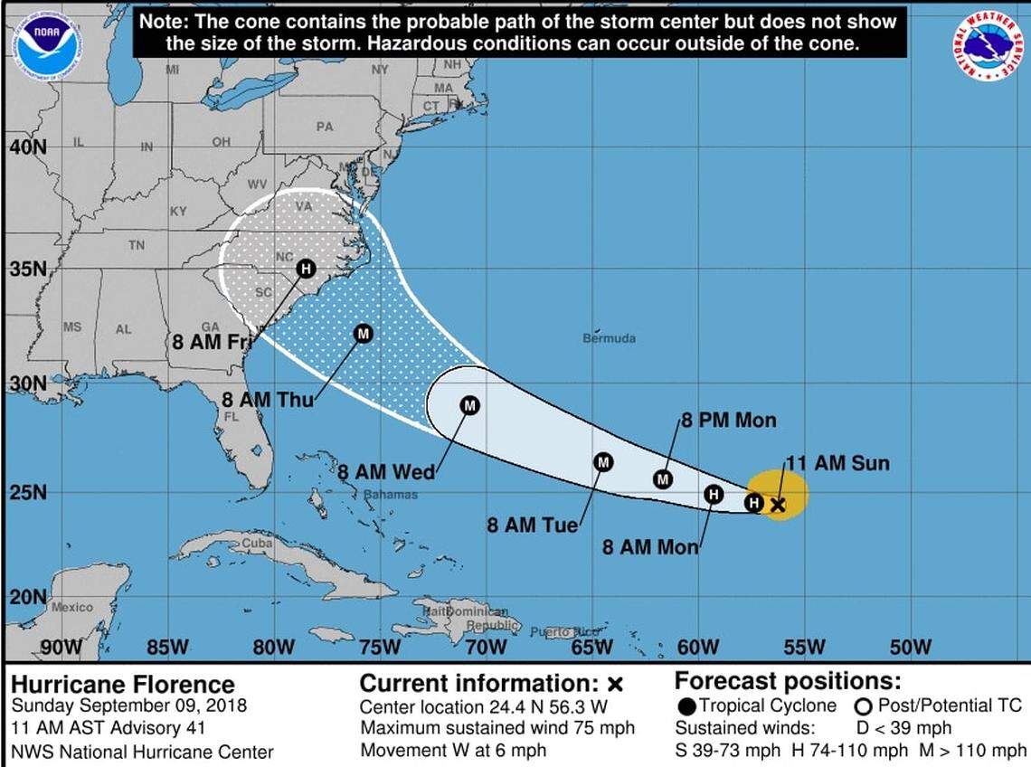 The probably path of Hurricane Florence as of Sept. 9, 2018, estimating the landfall of the storm in the Carolinas at Thursday evening or Friday morning.