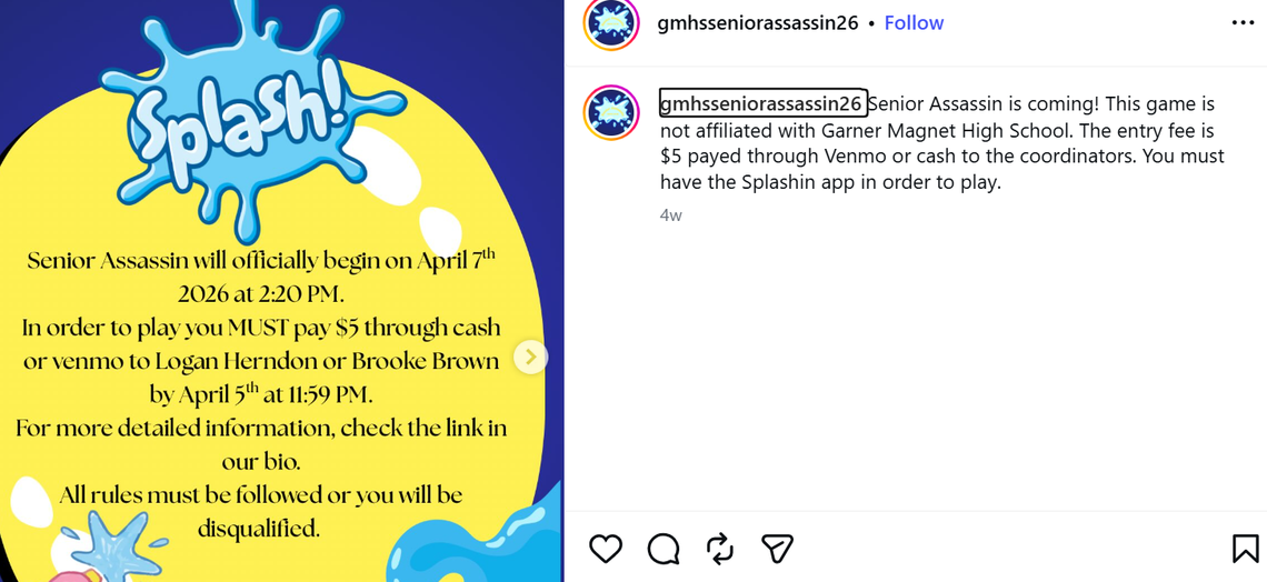 The senior assassin game at Garner Magnet High School proceeds in an organized, structured, rule-based fashion.