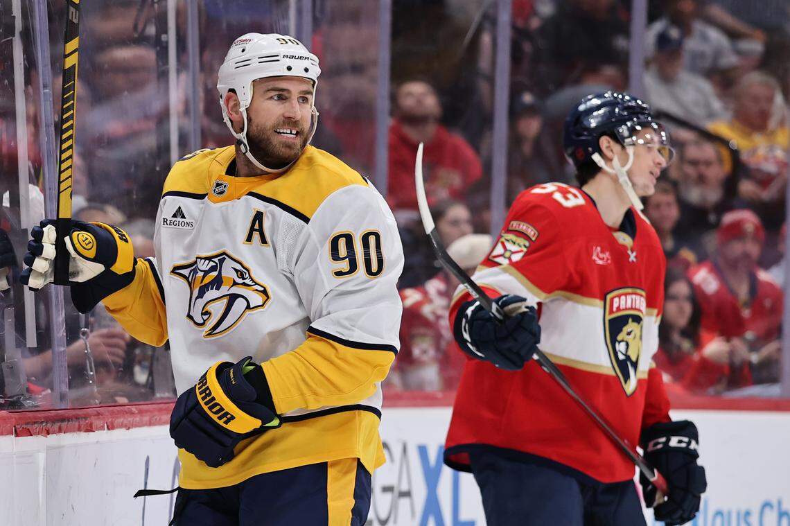 Ryan O'Reilly (90) of the Nashville Predators celebrates scoring against the Florida Panthers during the third period at Amerant Bank Arena on Dec. 4, 2025 in Sunrise, Florida.