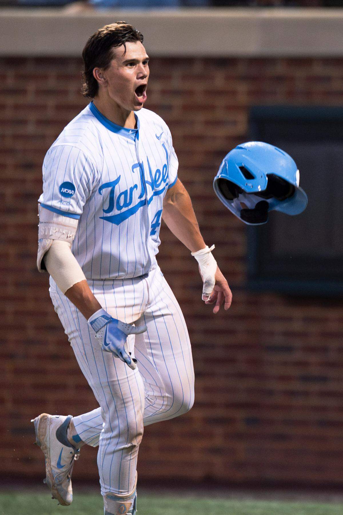 North Carolina’s Luke Stevenson (44) celebrates a homer in the ninth inning of North Carolina’s 8-6 win against West Virginia University at Boshamer Stadium on June, 7, 2024.