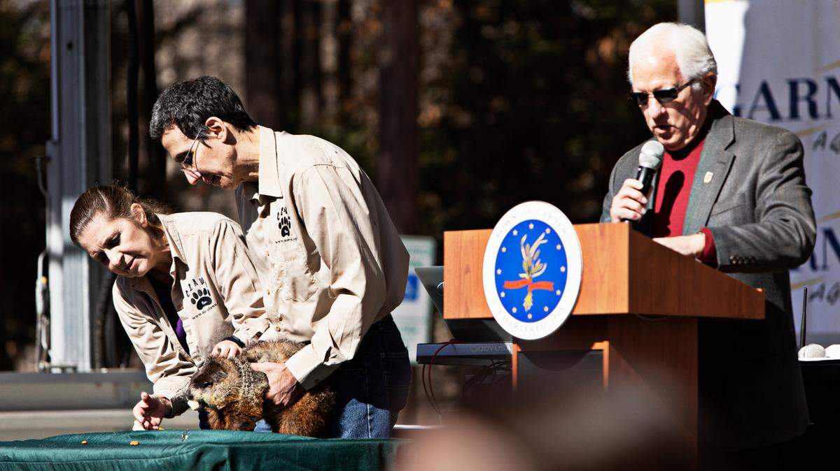 Snerd the groundhog of Garner, left, makes his prediction at White Deer Park on Wednesday, Feb. 2, 2022. “Snerd has given me the word,” said Mayor Ken Marshburn, right, “my advice to you is not to put away your winter coats just yet.”