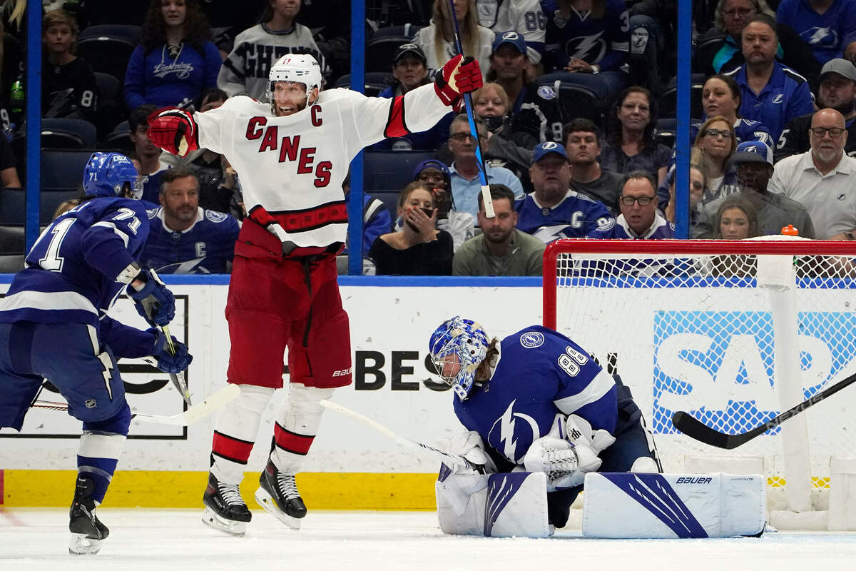 Carolina Hurricanes center Jordan Staal (11) celebrates the game winning goal against Tampa Bay Lightning goaltender Andrei Vasilevskiy (88) during overtime in Game 3 of an NHL hockey Stanley Cup second-round playoff series Thursday, June 3, 2021, in Tampa.