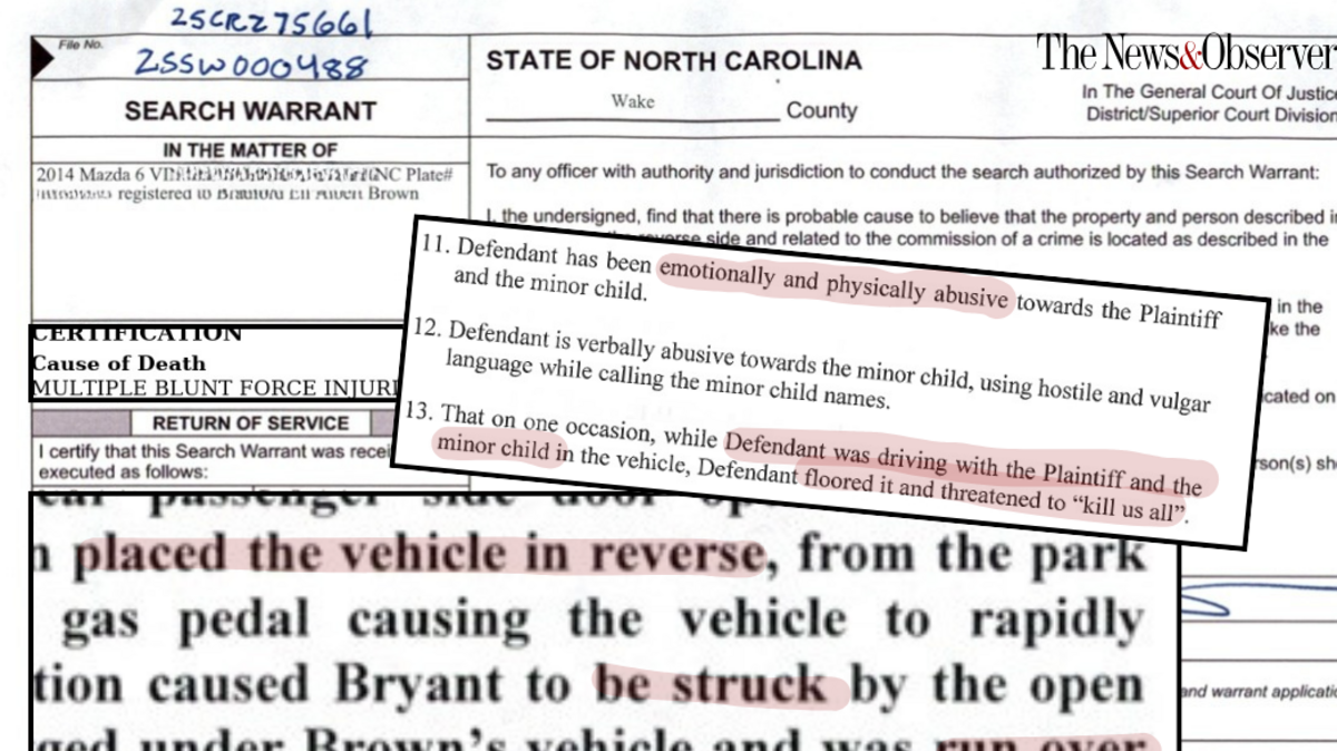 A graphic featuring excerpts from search warrants, Fukuyo Bryant’s autopsy report and a child custody suit against Bradford Brown. Bryant, 72, was killed April 5, 2025, when Brown allegedly ran her over with his car outside her Apex home.