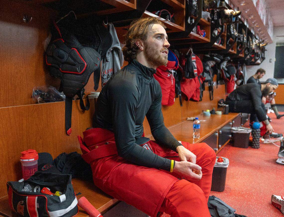 Carolina Hurricanes defenseman Dylan Coghlan (15) wears a high-tech Kevlar undershirt with a collar to protect his neck from a skate cut. Coghlan talks about his decision to use the Kevlar following practice on Thursday, May 2, 2024 at PNC Arena in Raleigh, N.C.