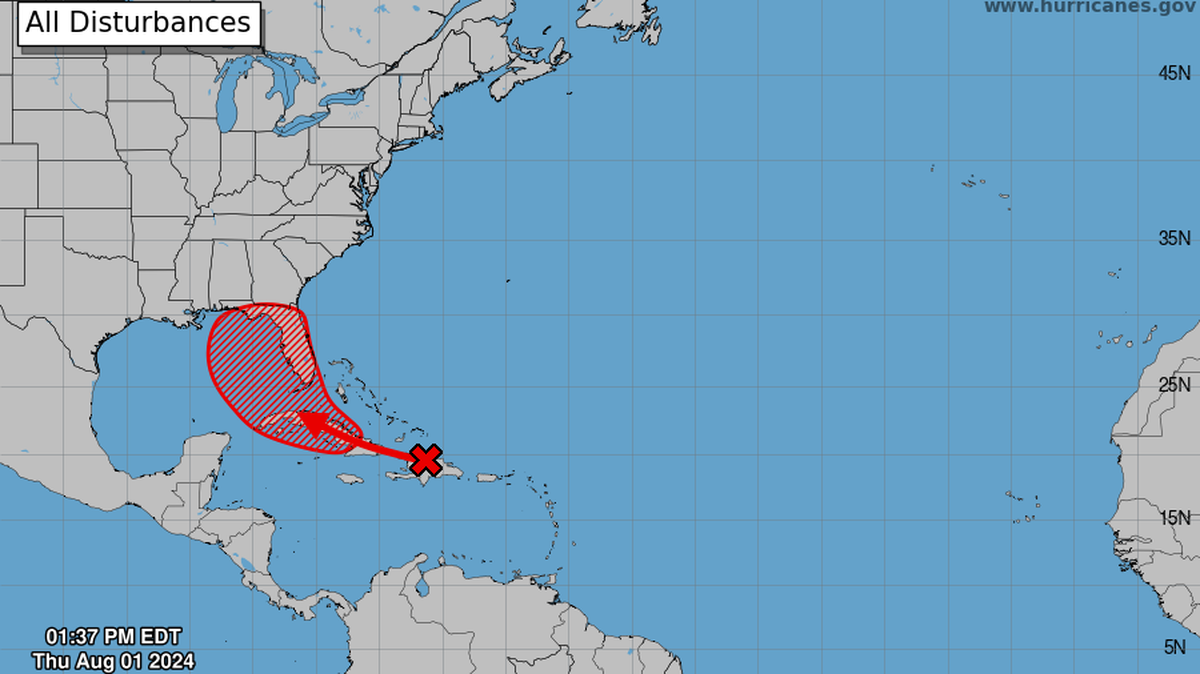 The National Hurricane Center says a disturbance it’s been watching is moving toward the Gulf of Mexico, where it likely will develop into a tropical depression by early next week. The shaded area shows where a depression could develop, not where it would go.