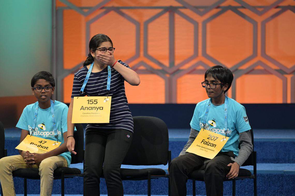 Ananya Rao Prassanna, a student at Davis Drive Middle School in Cary, N.C., competes in the Finals of the 2024 Scripps National Spelling Bee in National Harbor, MD, on May 30, 2024.