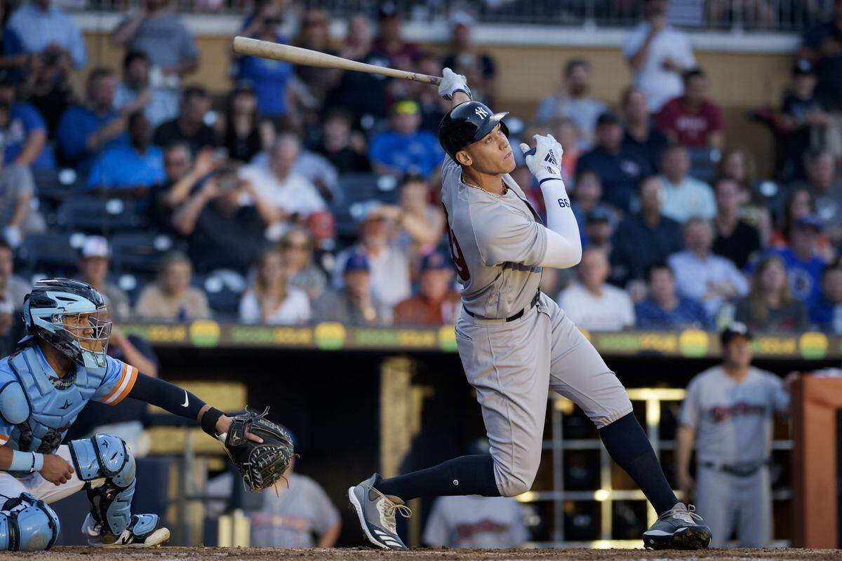 New York Yankees outfielder Aaron Judge hits a foul ball during his second at-bat with the Wilkes-Barre RailRiders, the Yankees’ Triple-A affiliate, on June 14, 2019 at Durham Bulls Athletic Park in Durham, NC. Judge was playing with the RailRiders on a rehab assignment.