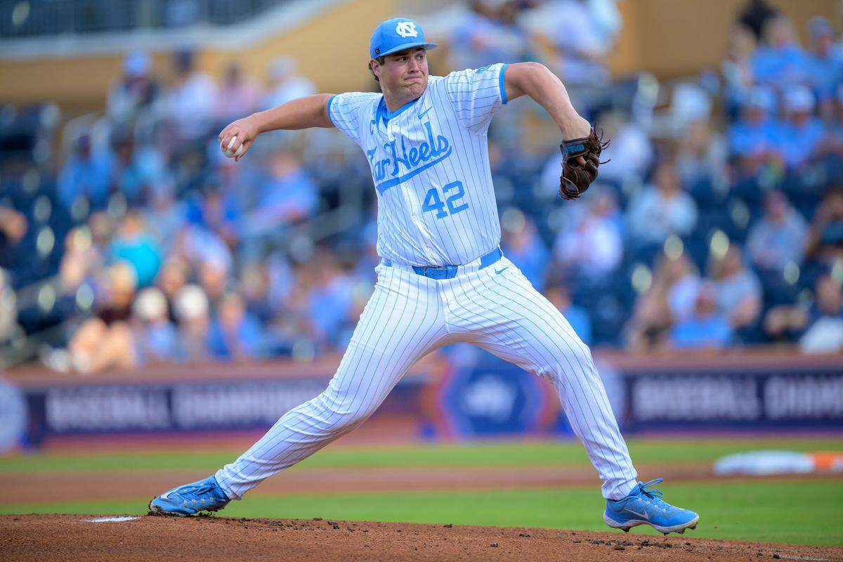 UNC pitcher Jake Knapp throws during the Tar Heels’ 7-2 comeback win over Boston College in the ACC Tournament quarterfinals on Friday, May 23, 2025, at Durham Bulls Athletic Park in Durham, N.C.