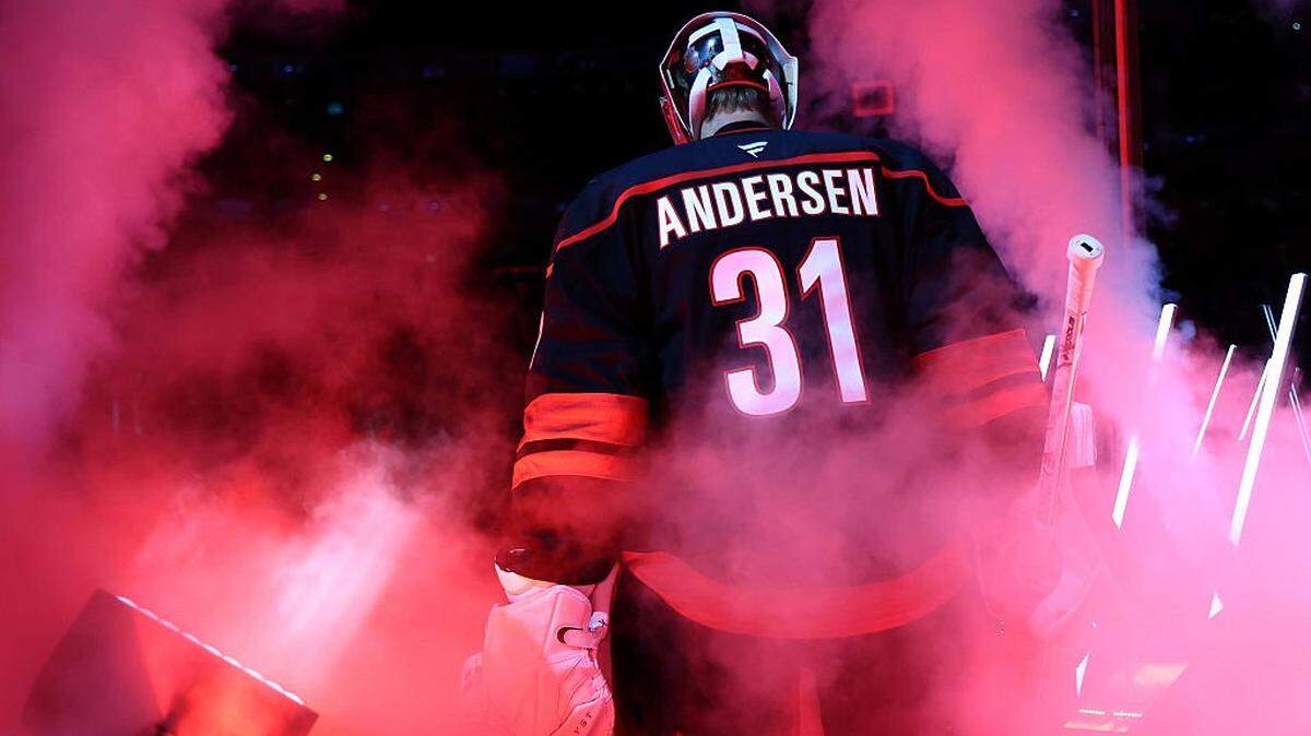 Frederik Andersen of the Carolina Hurricanes is introduced prior to the game against the New Jersey Devils at Lenovo Center on October 09, 2025 in Raleigh, North Carolina.
