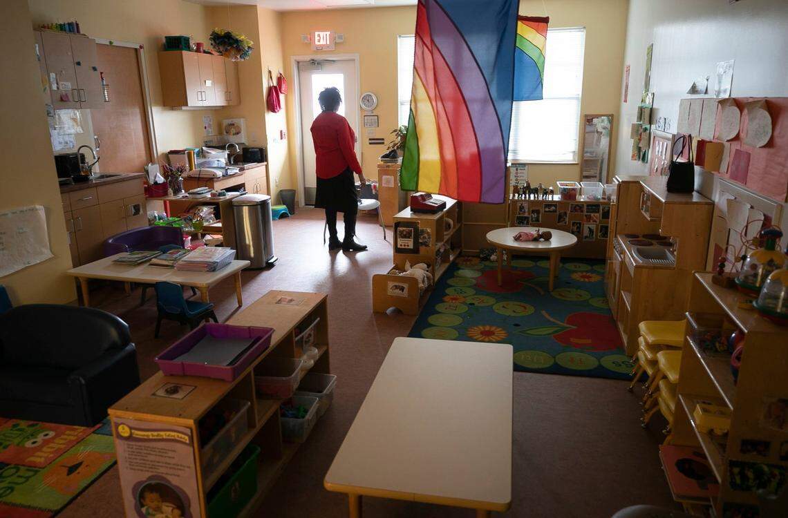 Brenda Sanders, executive director of the Raleigh Nursery School, in an empty classroom for two-year-olds on Friday, February 5, 2021 in Raleigh, N.C. The school has been closed for nearly one year due to the COVID-19 virus.