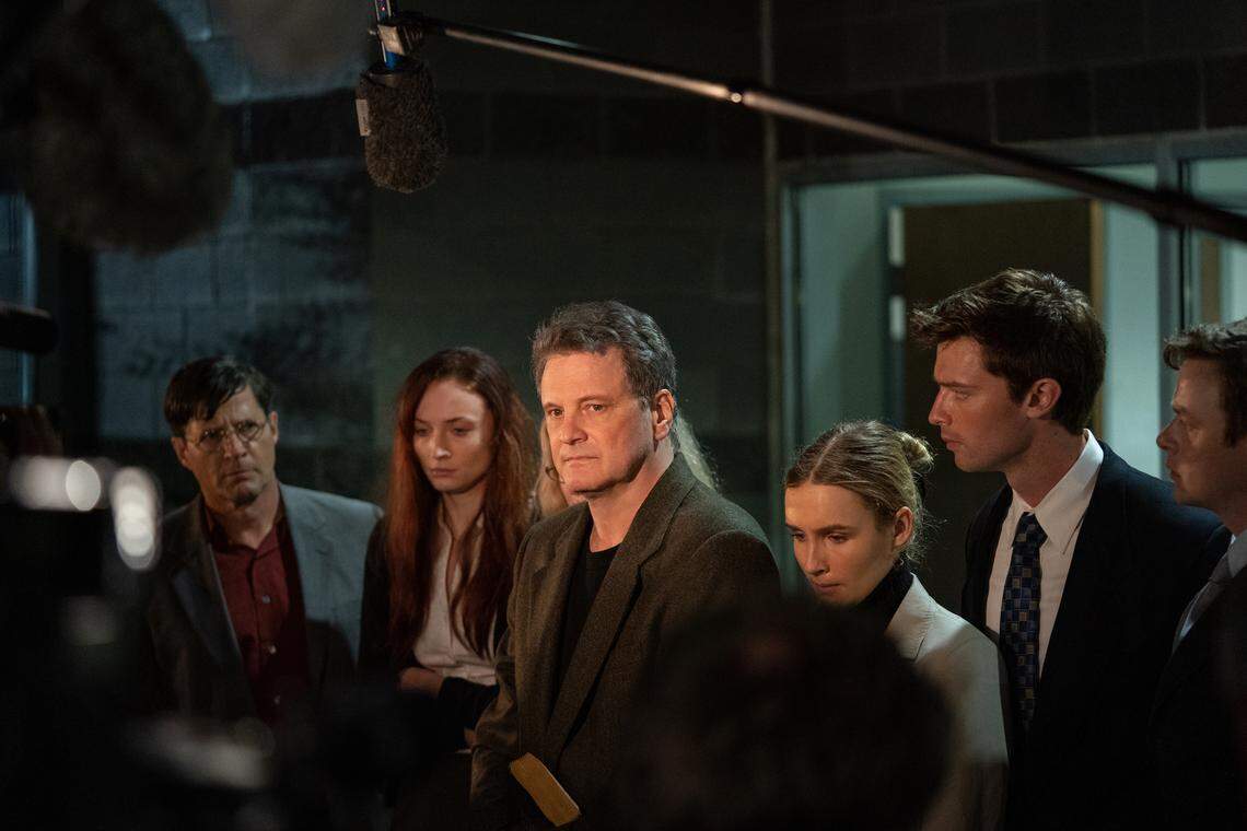 From the HBO limited series “The Staircase”: Tim Guinee as Bill Peterson, Sophie Turner as Margaret Ratliff, Colin Firth as Michael Peterson, Olivia DeJonge as Caitlin Atwater and Patrick Schwarzenegger as Todd Peterson.