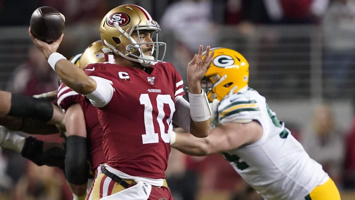 San Francisco 49ers quarterback Jimmy Garoppolo (10) passes against the Green Bay Packers during the second half of the NFL NFC Championship football game. The 49ers play the Kansas City Chiefs in the Super Bowl.