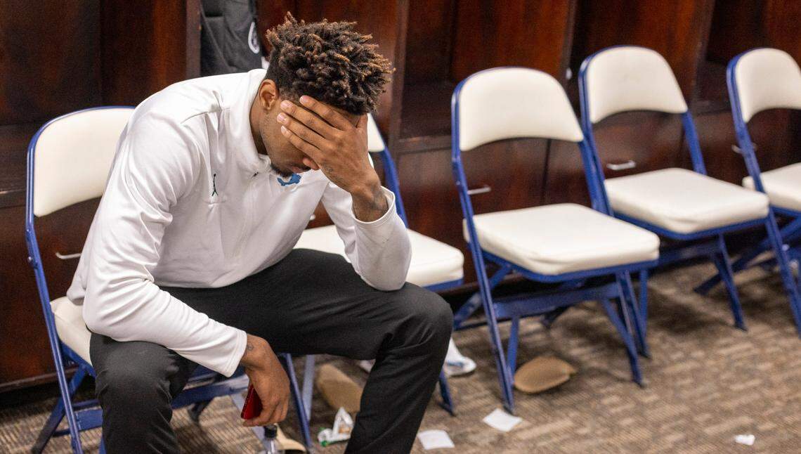 North Carolina’s Leaky Black (1) gathers his thoughts in the locker room following the Tar Heels’ 68-59 loss to Virginia the third round of the ACC Tournament on Thursday, March 9, 2023 at the Greensboro Coliseum in Greensboro, N.C.